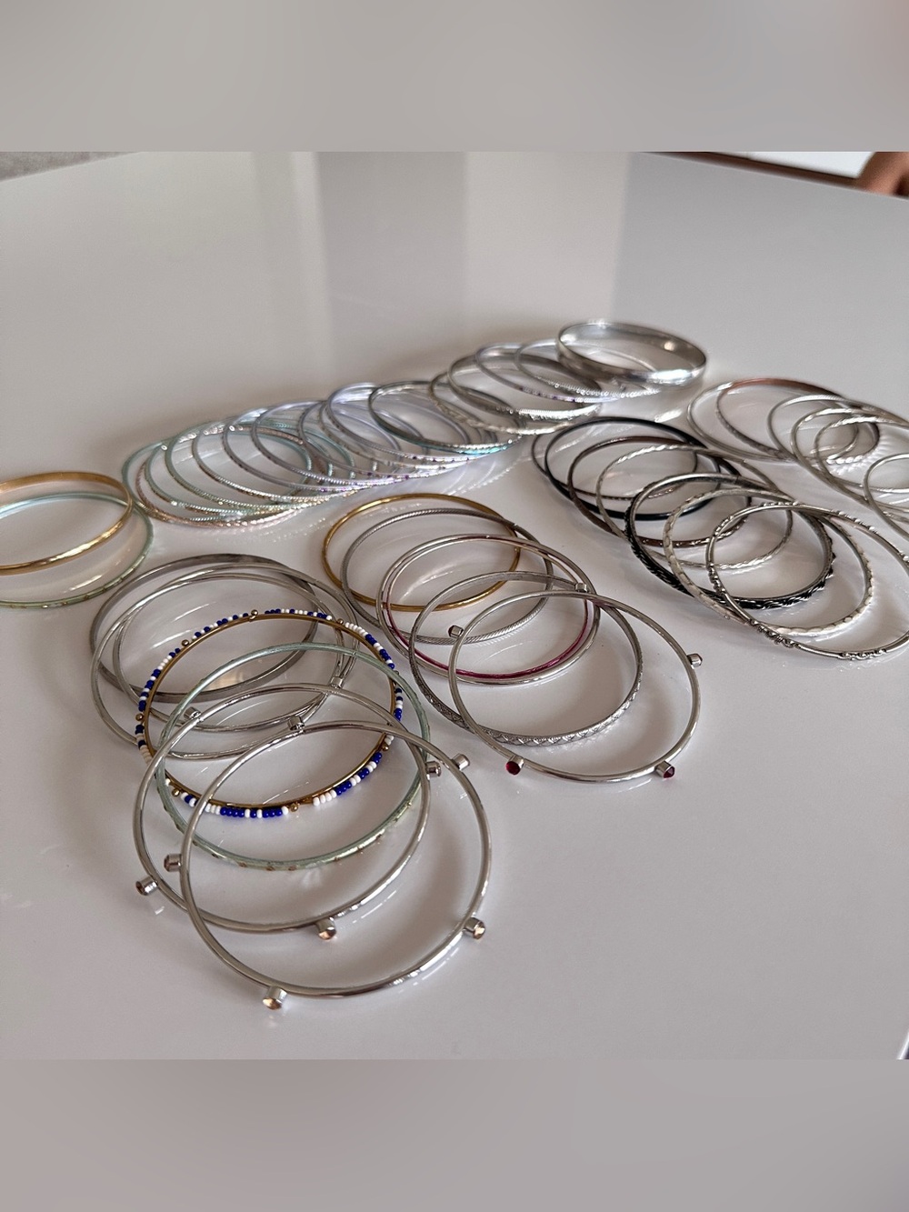 45 pc Bangle Bracelet Lot Silver Tone Stacking Thin Textured Beaded Rhinestone⁠